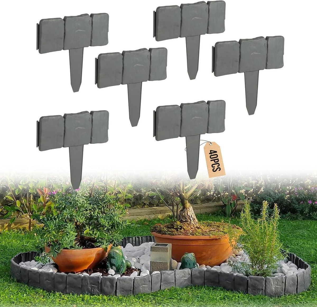 40 Stuks Grijze Tuinrand, Kunststof, 10 m, Steenlook Border, Palisade, Tuinranden, Grasrand, Bloembedrand, Tuinaccessoires, Tuinontwerp, Buitenruimte