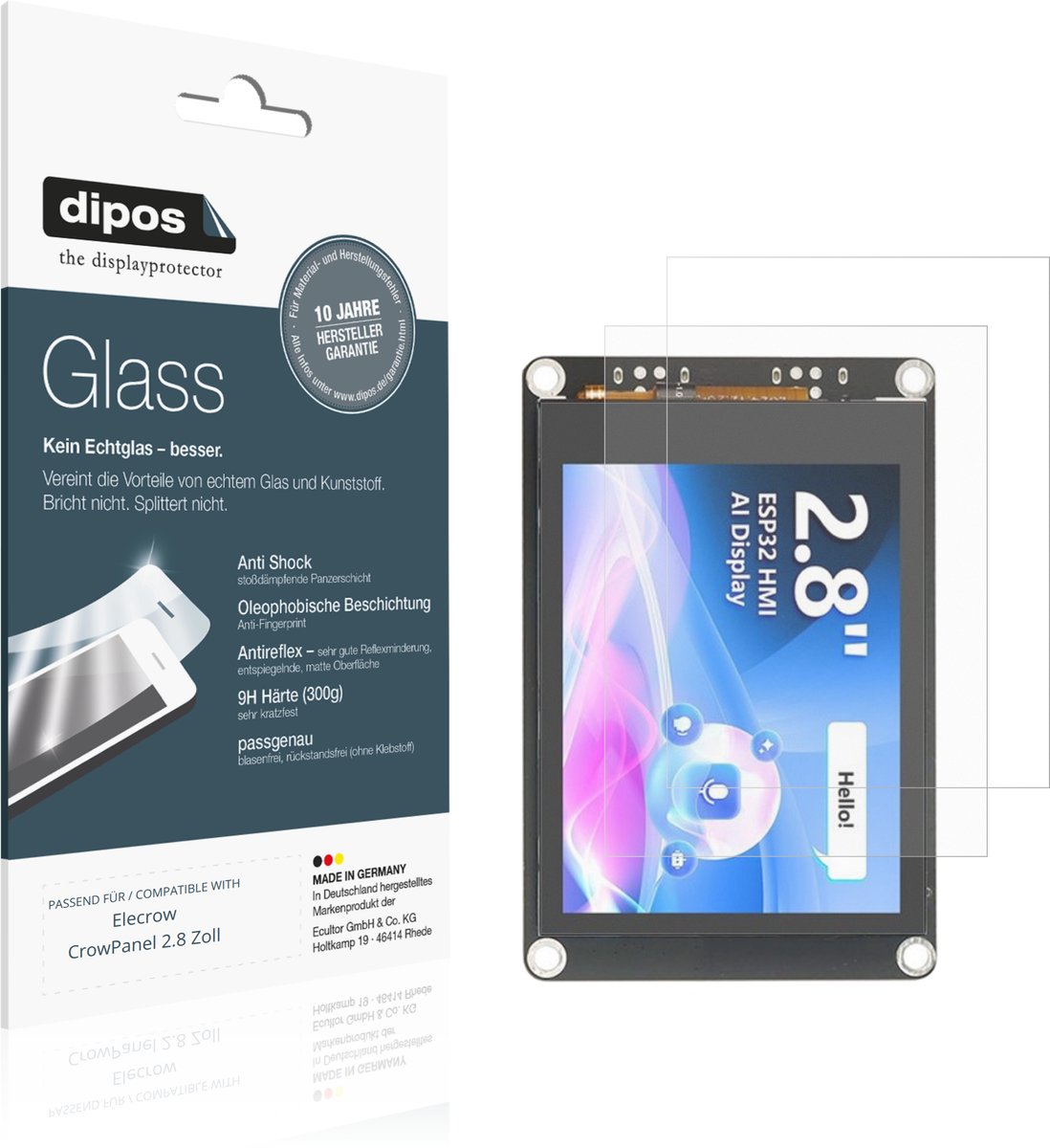 dipos – 2x Matte Pantserfolie geschikt voor Elecrow CrowPanel 2.8 Zoll | 9H Screenprotector