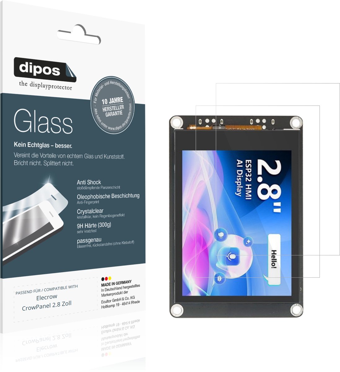 dipos – 2x Pantserfolie geschikt voor Elecrow CrowPanel 2.8 Zoll | 9H Screenprotector