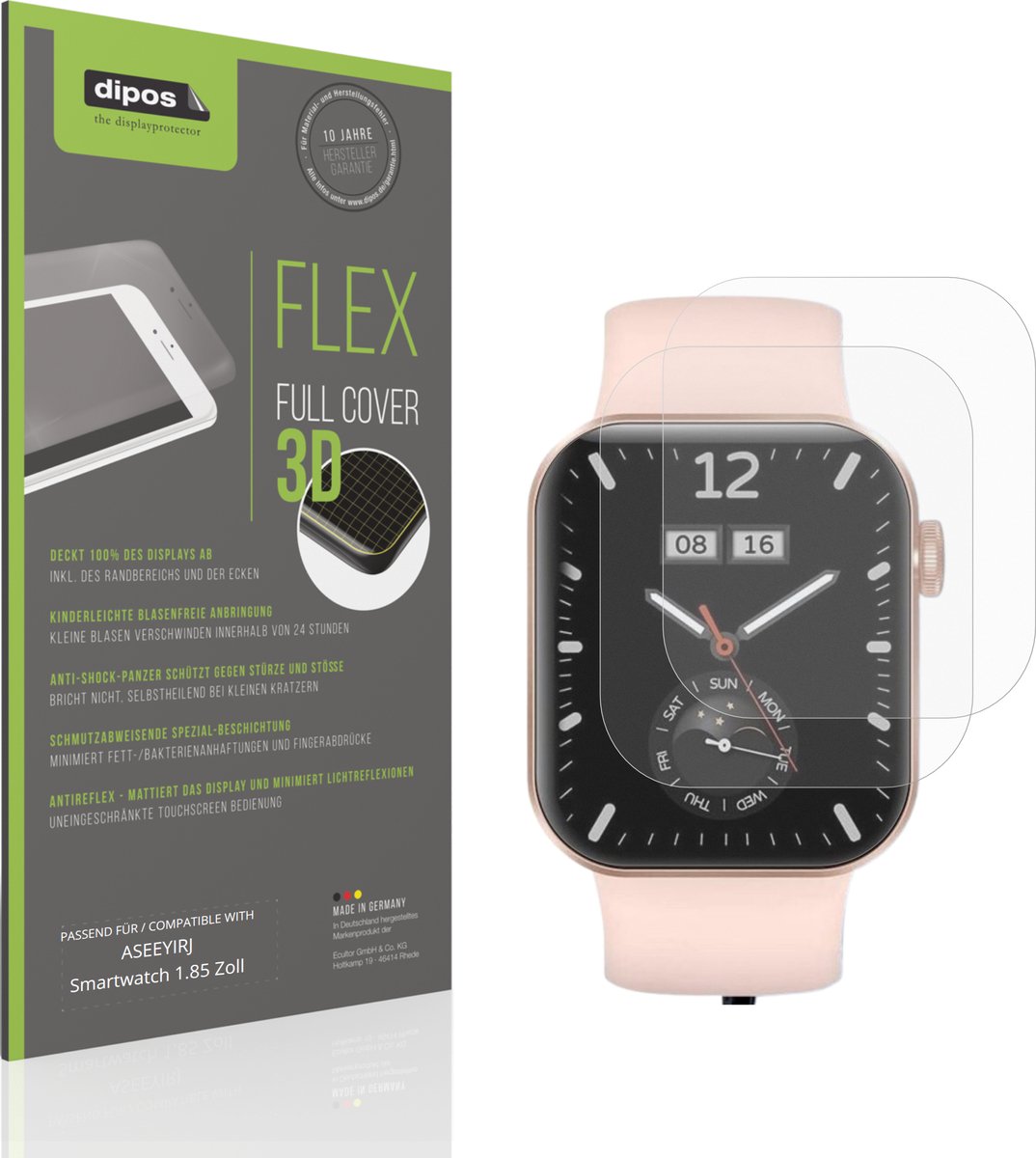 dipos FLEX – 2x Matte Screenprotector geschikt voor ASEEYIRJ Smartwatch 1.85 Zoll | Volledige Schermbescherming | Case-Friendly