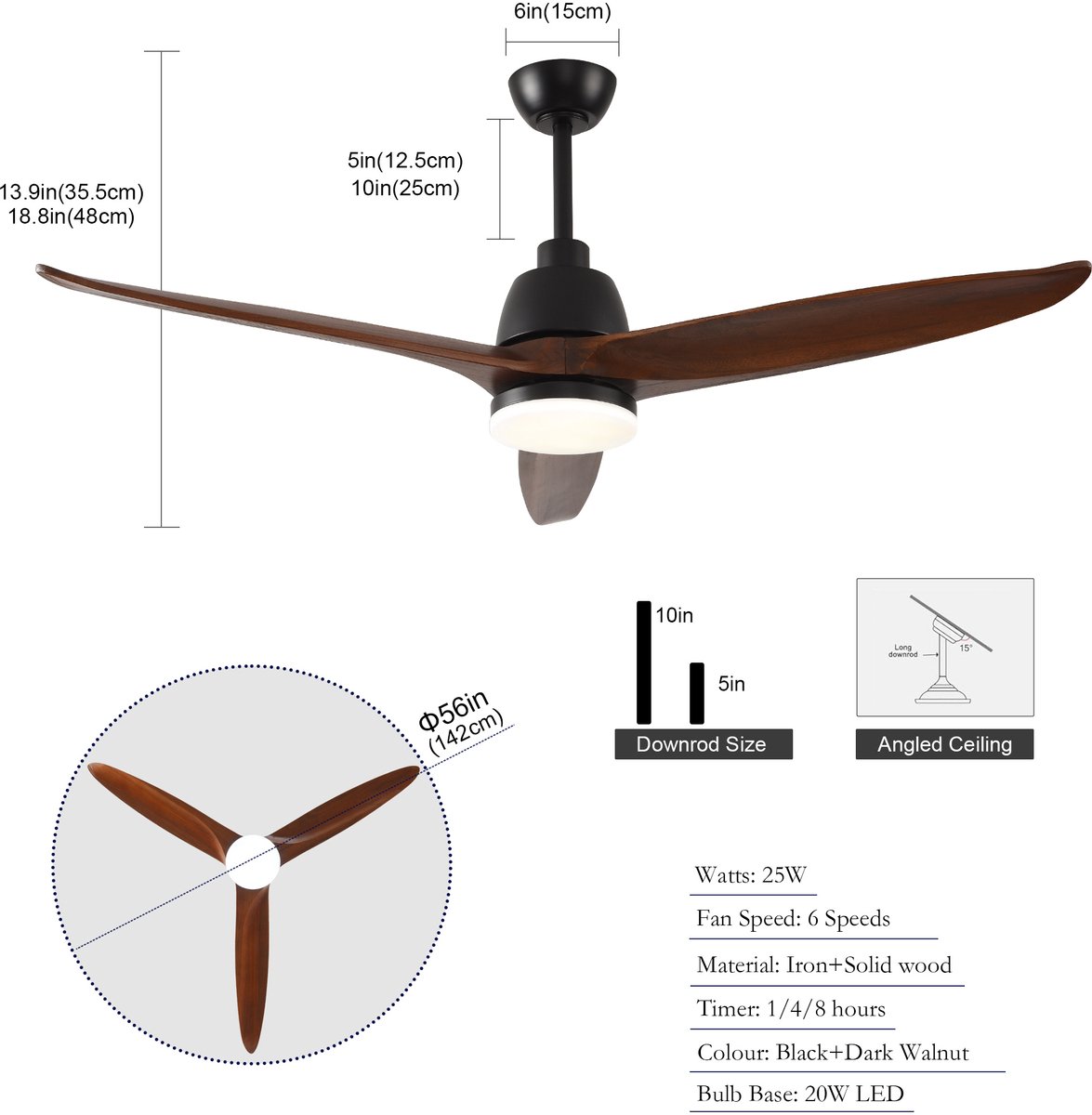 FloraGrace Ventilator - 142 cm - Met Verlichting En Afstandsbediening - Metaal En Hout - Zwart En Donker Walnoot - Voor Woonkamer En Slaapkamer