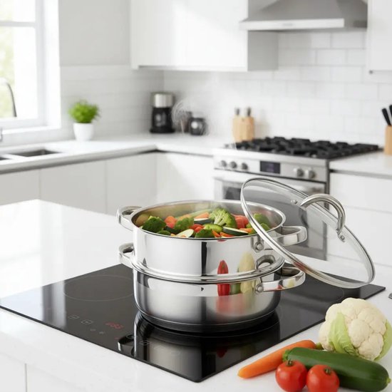 Stoompan met gestoomde groenten op een inductiekookplaat in een moderne keuken.