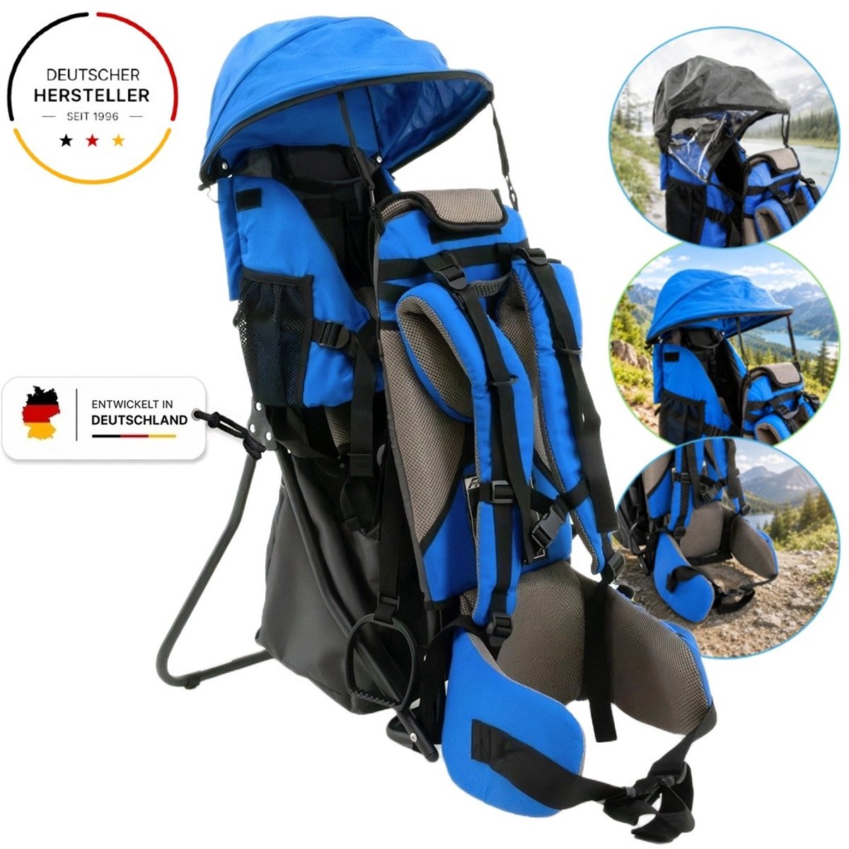 FA Sports Lil' Boss - Kinderdrager blauw - Met regen- en zonnedak - Veel opbergruimte - Tot maximaal 22 kg