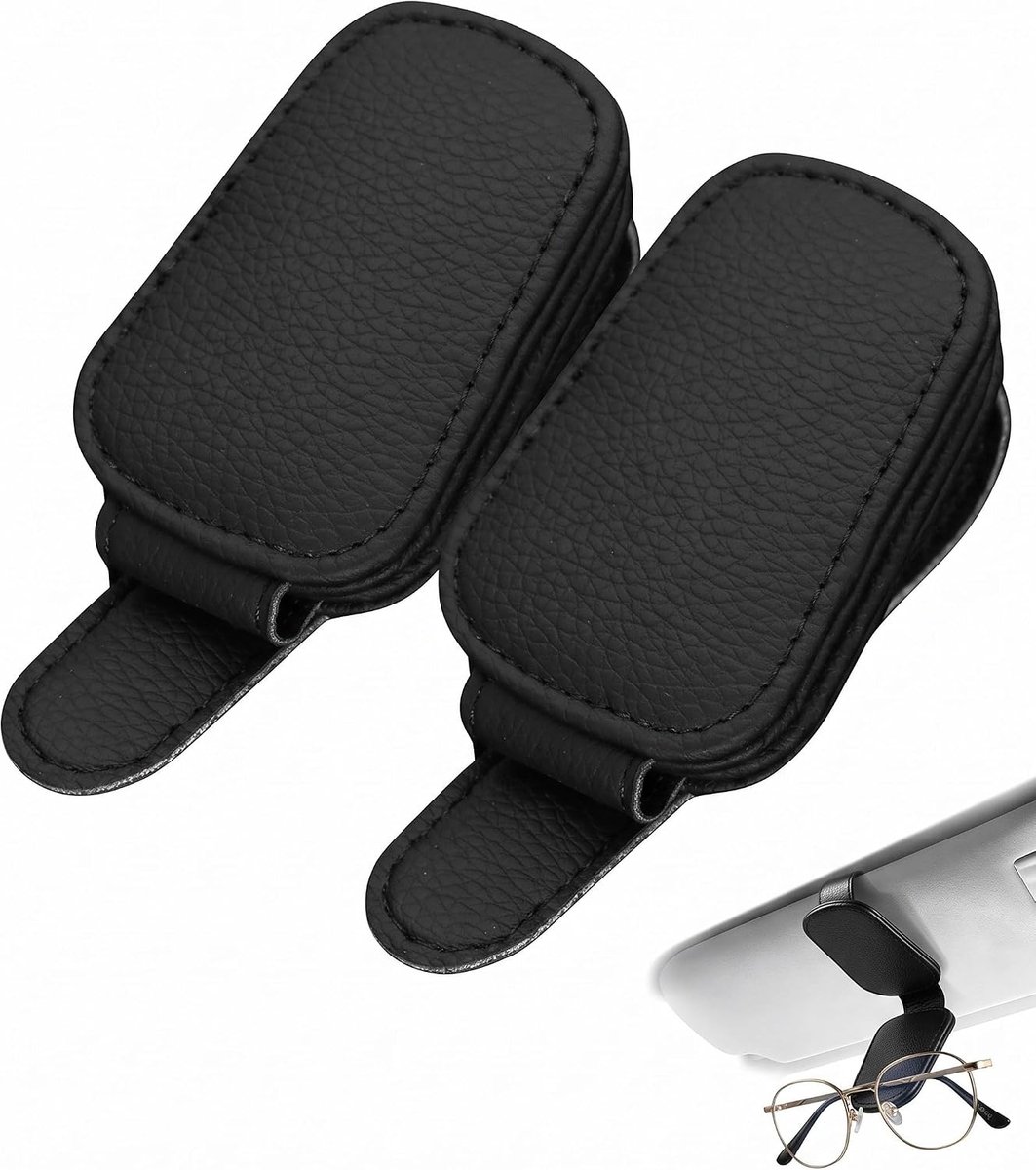Zonnebrilhouder Auto - 2 Stuks - voor Zonneklep in de Auto - Magnetische Brilhouder - met Pasjeshouder - voor Zonnebril en Parkeerkaart - Lederen Klem - voor Auto SUV en Bestelwagen - Kunstleder Behuizing - Sorteersysteem - Model Universeel - Zwart