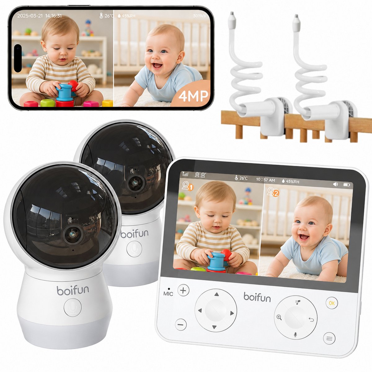 BOIFUN 4MP Babyfoon met Camera - 2,4/5 GHz WiFi - 5,5 Inch Scherm en App-bediening - Nachtzicht - 360° PTZ - Huil- en Bewegingsdetectie - Verstelbaar Nachtlampje - Inclusief 2 Flexibele Houders