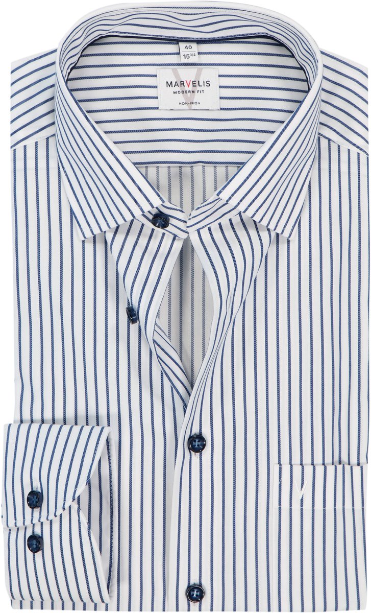 MARVELIS modern fit overhemd - popeline - wit met donkerblauw gestreept - Strijkvrij - Boordmaat: 39 (EU maat: M)