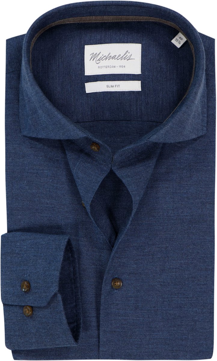 Michaelis slim fit heren overhemd - flanel - donkerblauw - Strijkvriendelijk - Boordmaat: 38 (EU maat: S)
