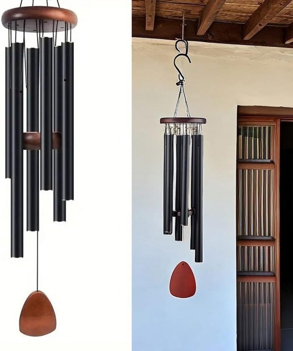 Een aluminium windgong van 68 cm met een diepe, resonerende klank, Geschikt voor tuinen en binnenplaatsen, zwart.