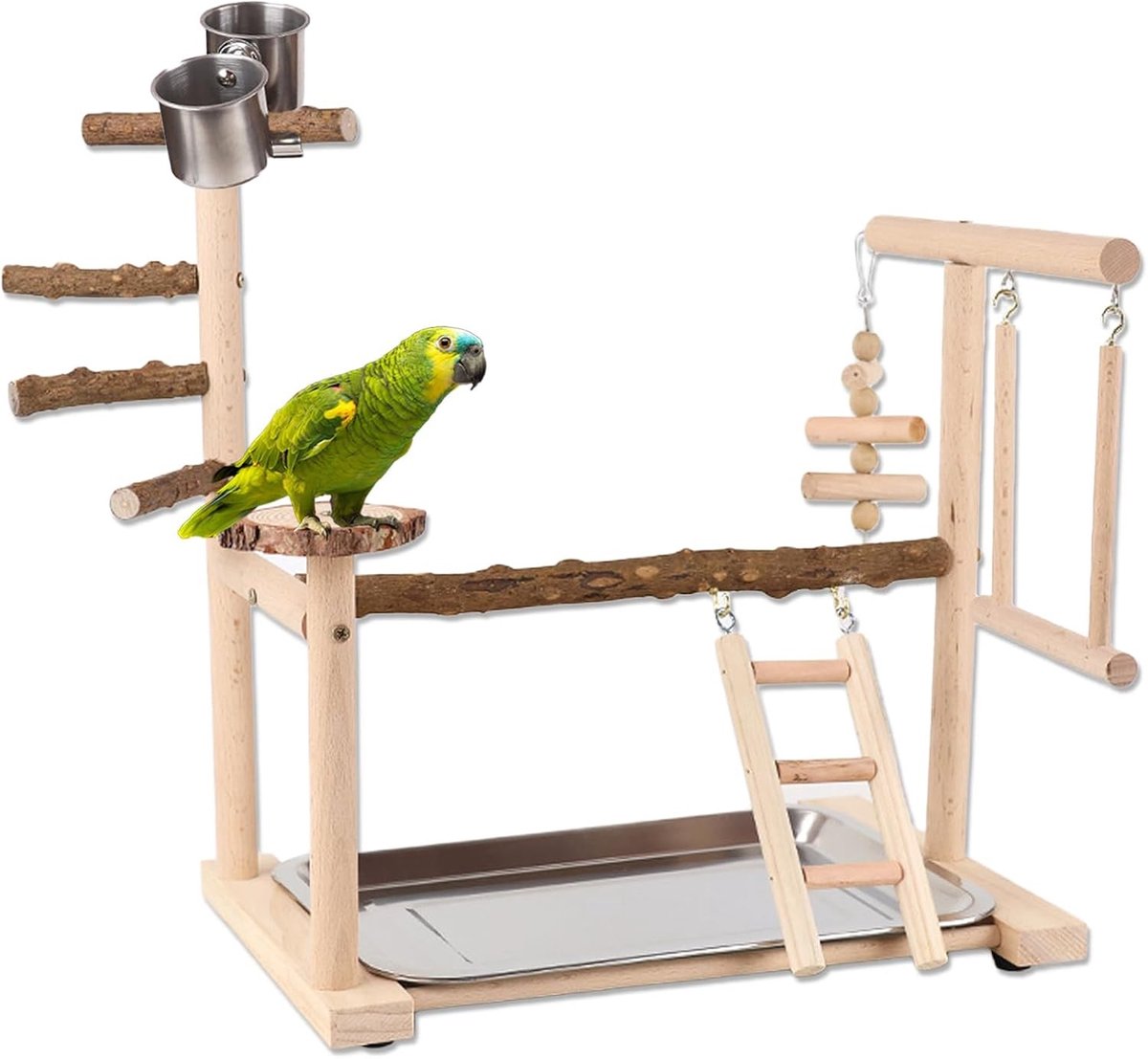 Houten Vogel Speelstandaard met Klimladder, Schommel, Voederbak en Oefenstands voor Kleine tot Middelgrote Vogels