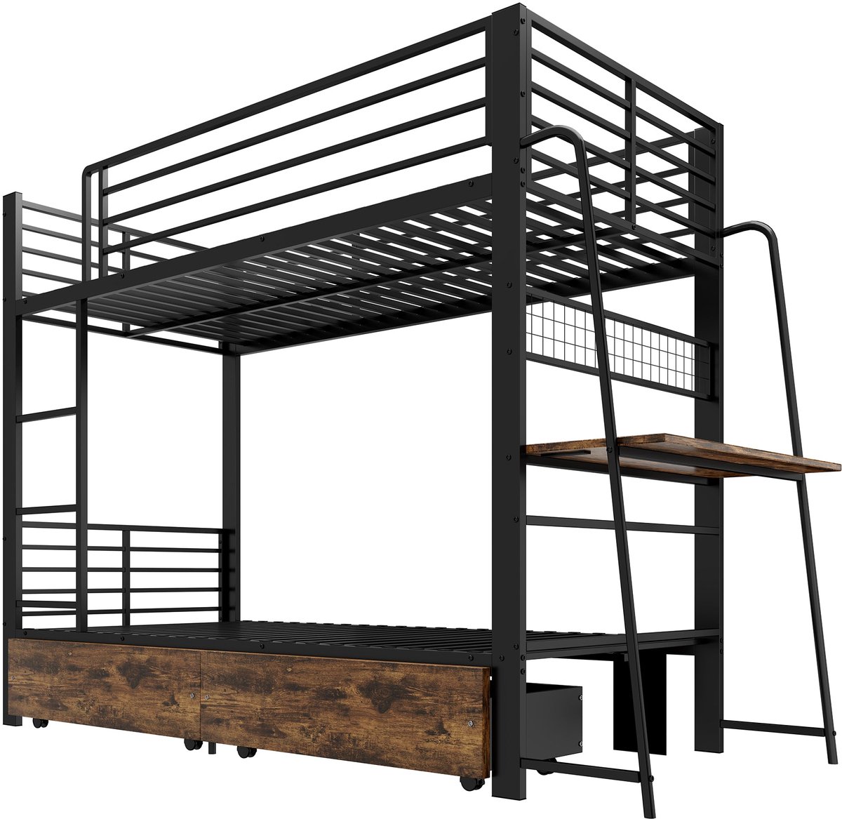 Merax Metalen Stapelbed 90x200 cm - Met Bureau - LED Verlichting - Opbergladen - Veiligheidshek - Ladder - Zwart
