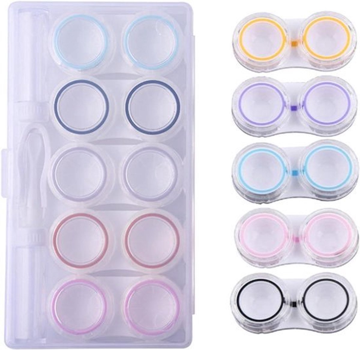 Contactlenzenhouder voor onderweg met wasreiniger toilettas en applicator voor zachte lenzen - Meerkleurig Large (verpakking van 5 stuks)