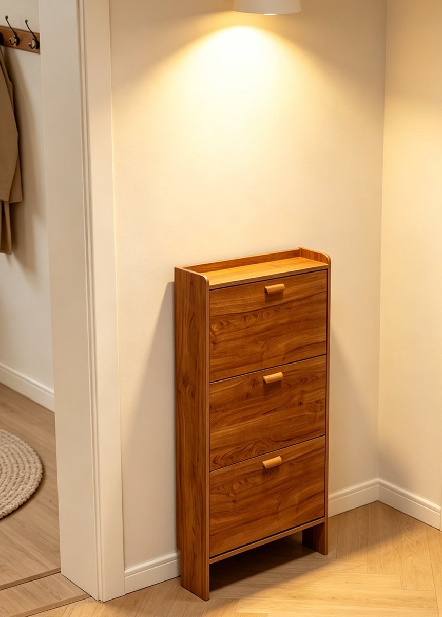 Deze ultradunne walnootkleurige opklapbare schoenenkast heeft drie opklapbare deuren en planken Dankzij het smalle ontwerp is hij geschikt voor gangen kleine appartementen en woningen Afmetingen 40*17*115 cm