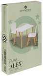 Verpakking van een witte kindertafel en twee kinderstoelen met naturel houten poten. Tekst: 'For kids ALEX TABLE + 2 CHAISES'.