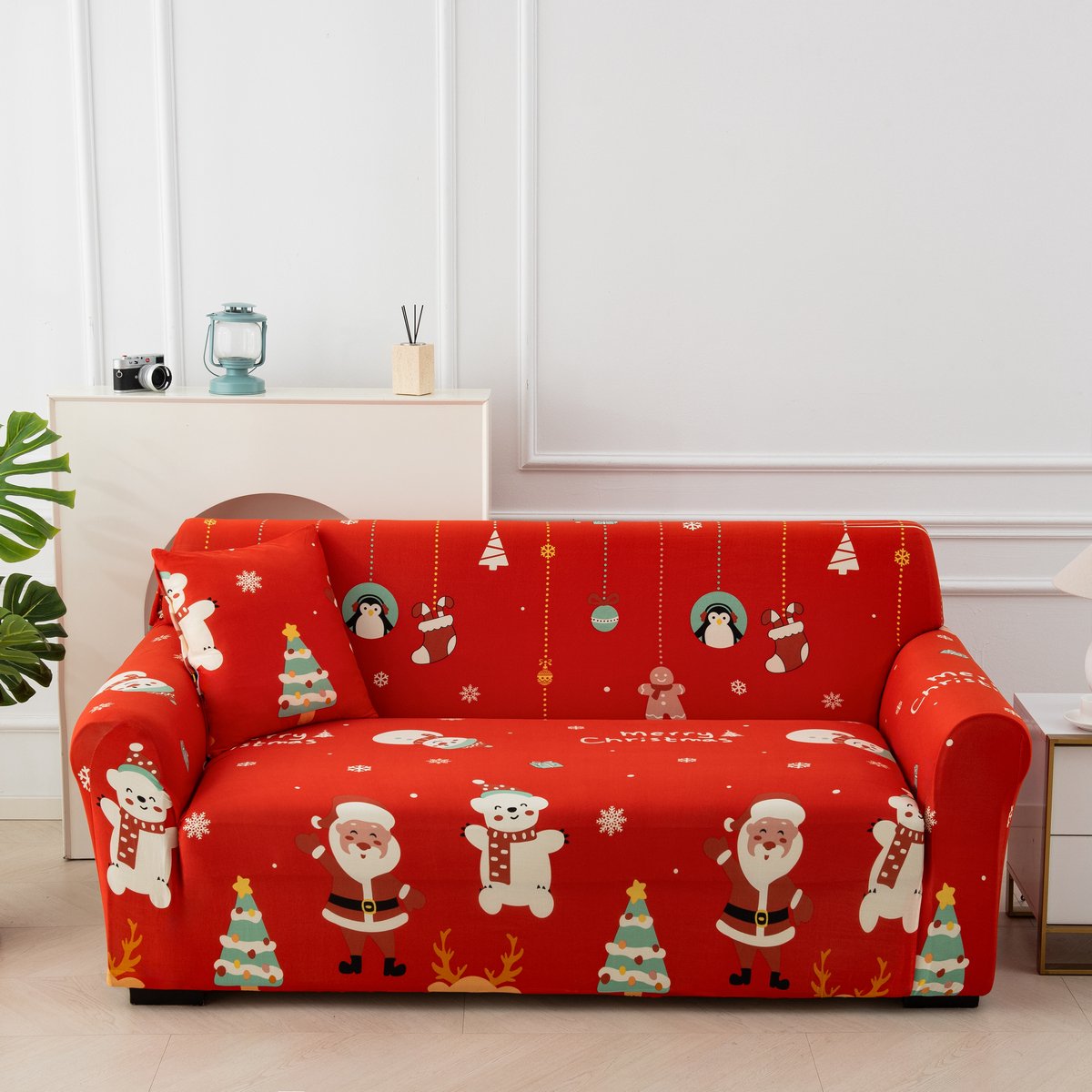 Kerst Bankhoes – Elastische Stretch Bankovertrek – Antislip & Wasbaar – Volledige Bescherming – Kerstpinguïn Print – Rood – Voor 1-Zits Bank – 90–140 cm – 1 Stuk
