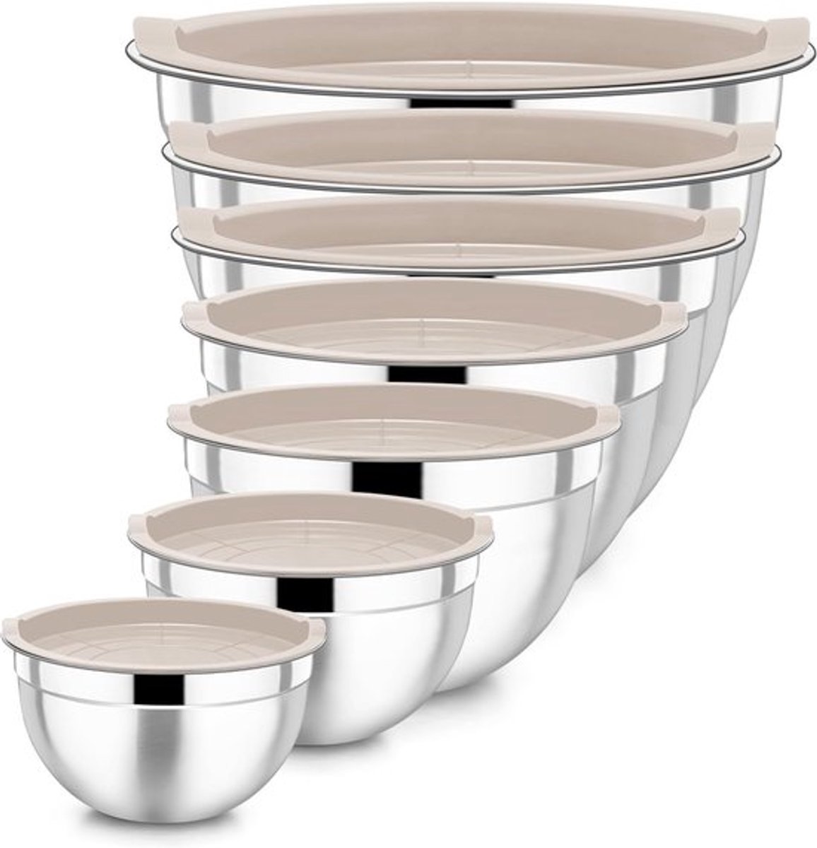 Mixkommen Set van 7 Stuks van RVS met Luchtdichte Deksel, Stapelbare Saladeschalen voor Koken, Bakken en Serveren, Vaatwasserbestendig, Diverse Maten van 0.7L tot 6.5L