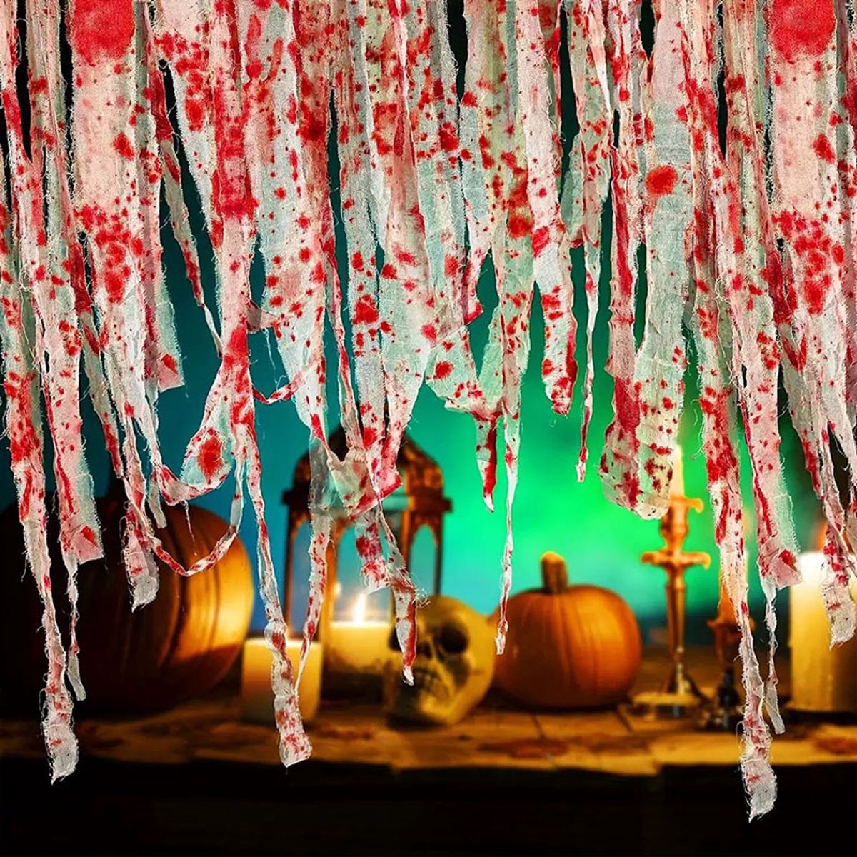Daity 15 meter lange Halloween-decoratiestof met griezelige details – Horror-decoratiestof – Een spookachtige, met bloed bevlekte stof, geschikt voor Halloween-gordijnen en decoraties voor gemaskerde bals.