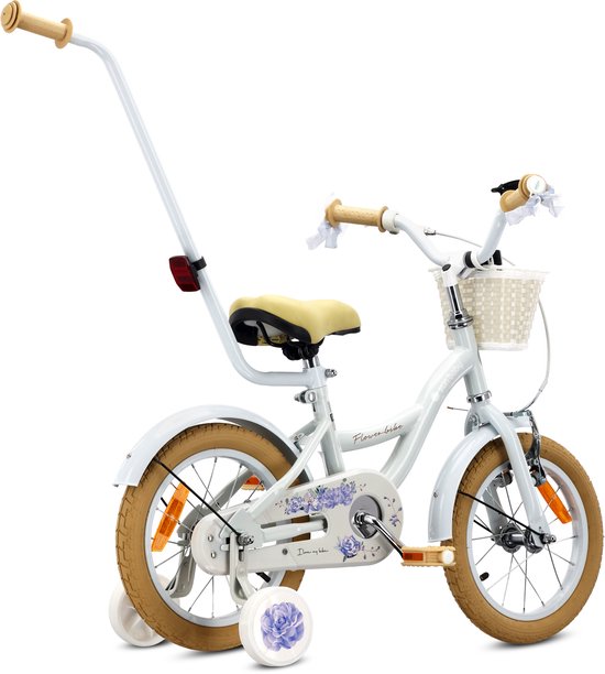 Flower Bike Fiets voor een meisje van 3 tot 5 jaar, 14 inch Baby blue, met fietsbel, zijwieltjes, duwstang en stuurmandje van Popal — afbeelding 2