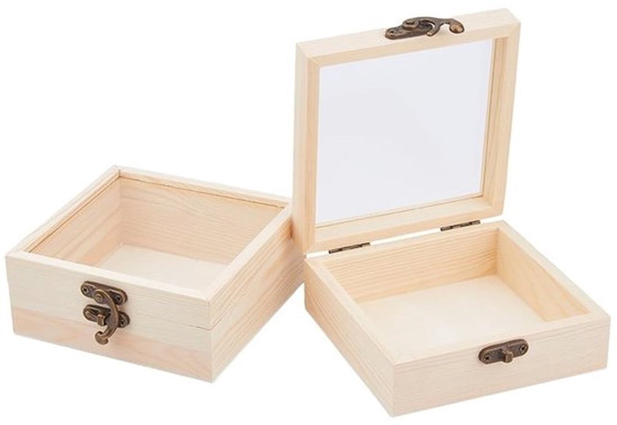 Houten Doos met Glazen Deksel - Kleine Houten Doos - Geschenkdozen - Sieraden Opslag - Decoratie - 12 x 12 cm - Sieradenbox