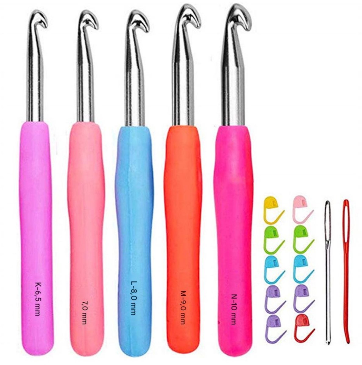 SSTRWGOOD 5 Stuks Haaknaalden Set - Bonte Haaknaalden met Ergonomische Soft Gummi Grip - 6,5 mm 7,0 mm 8,0 mm 9,0 mm 10,0 mm - Geschikt voor Beginners en Gevorderden - Siliconen en Metaal - Incl. 10 Markeerringen en 2 Naalden