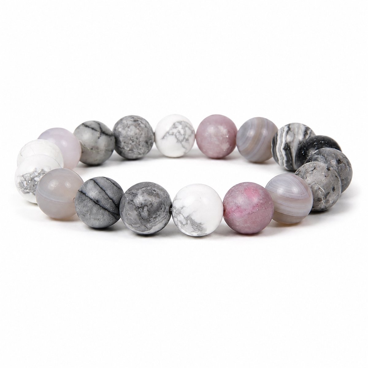 Marama Natuursteen Kralenarmband Snow - Dames – Jaspis – 10 mm Kralen – Elastisch – Grijs, Wit,Pasteltinten