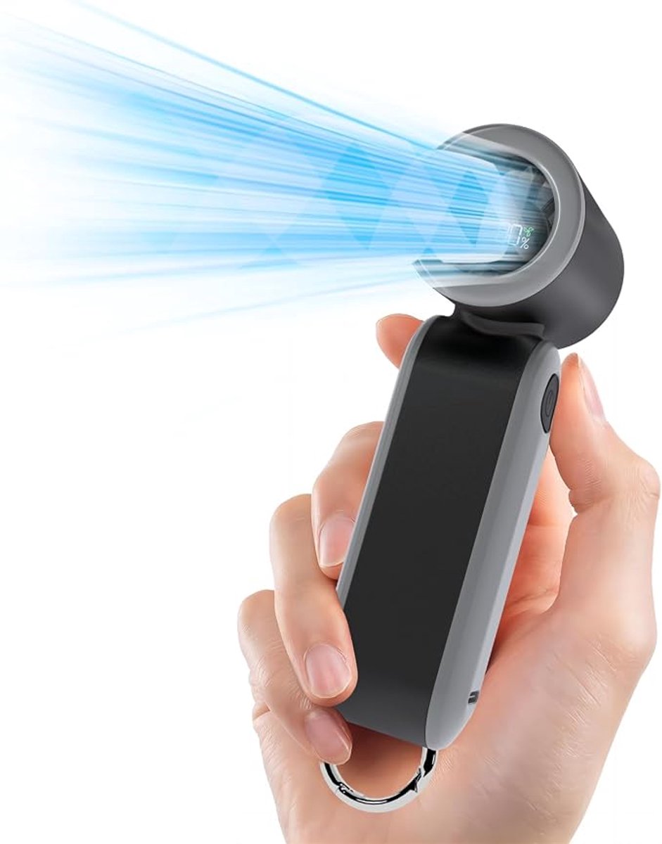 Turbo Handventilator - 3000mAh USB-C Oplaadbaar - 5 Snelheden - 17400 RPM - Met Haak - Voor Reizen en Buiten - Zwart Grijs