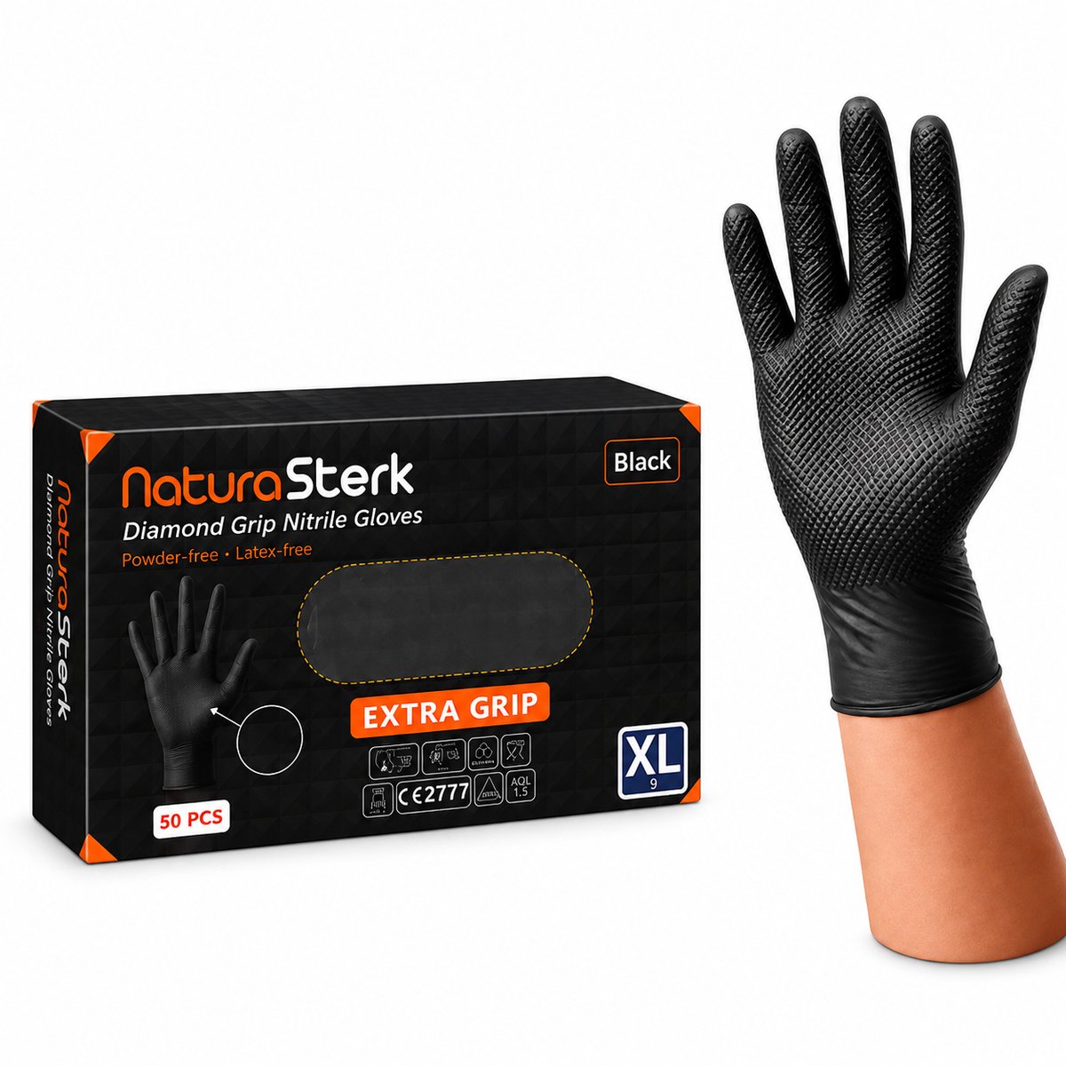NaturaSterk Diamond Grip Nitril Handschoenen Zwart XL/9 – 8 Gram – Extra Grip – Poedervrij & Latexvrij – 50 Stuks