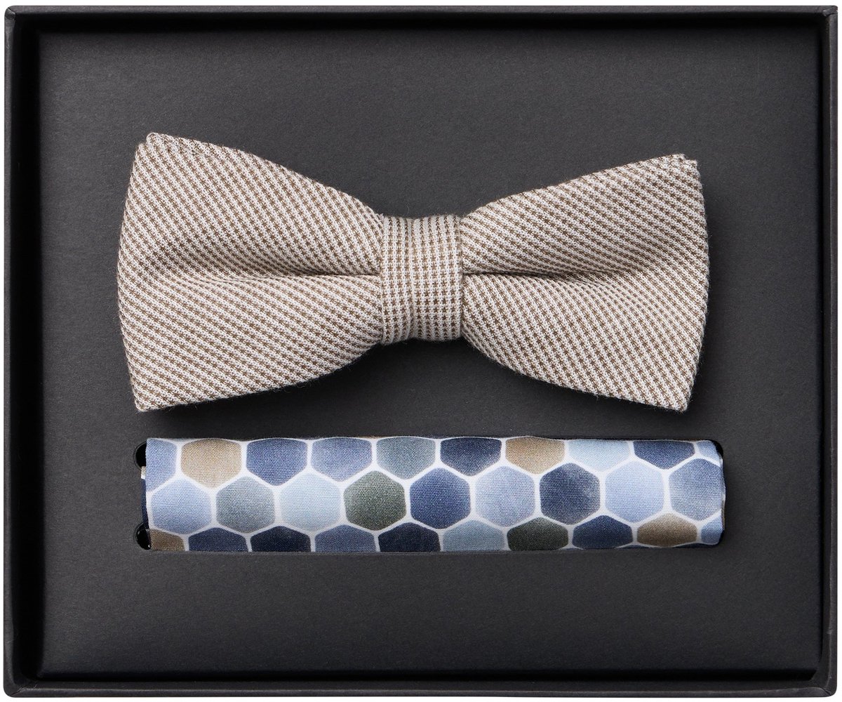 VENTI set met vlinderdas en pochet - blauw - lichtblauw - beige - wit dessin