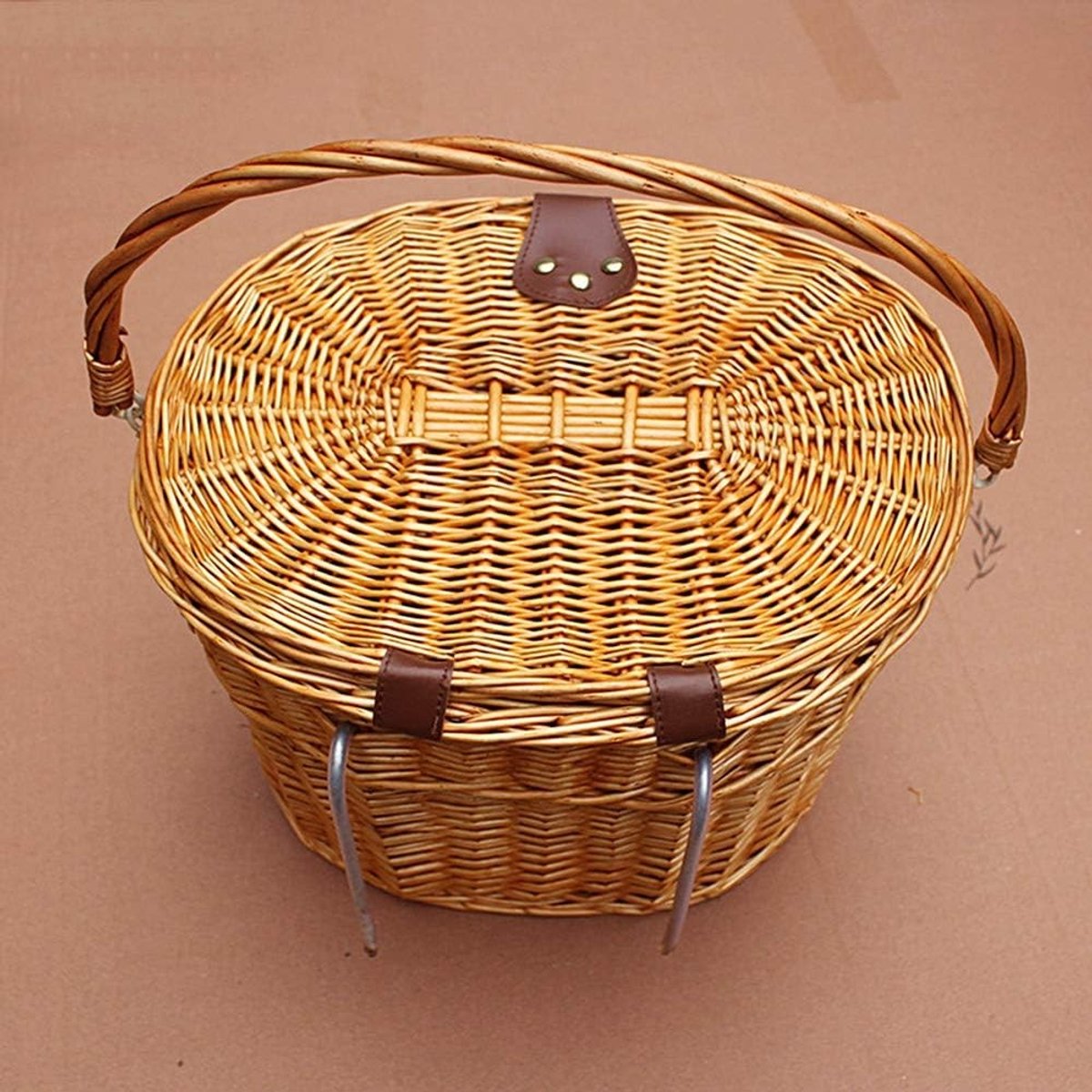 Retro Fietmand van Wilgenhout, Perfect voor Boodschappen, Picknicks en Fietstochten met Deksel en Twee Handvatten