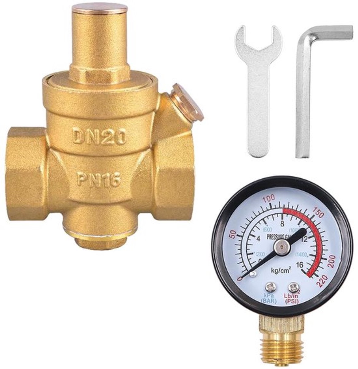 Waterdrukregelaar DN20 3/4 inch - Messing - Verstelbare Drukregelaar - Manometer - Ontlastklep - Bestand tegen 1,6 MPa