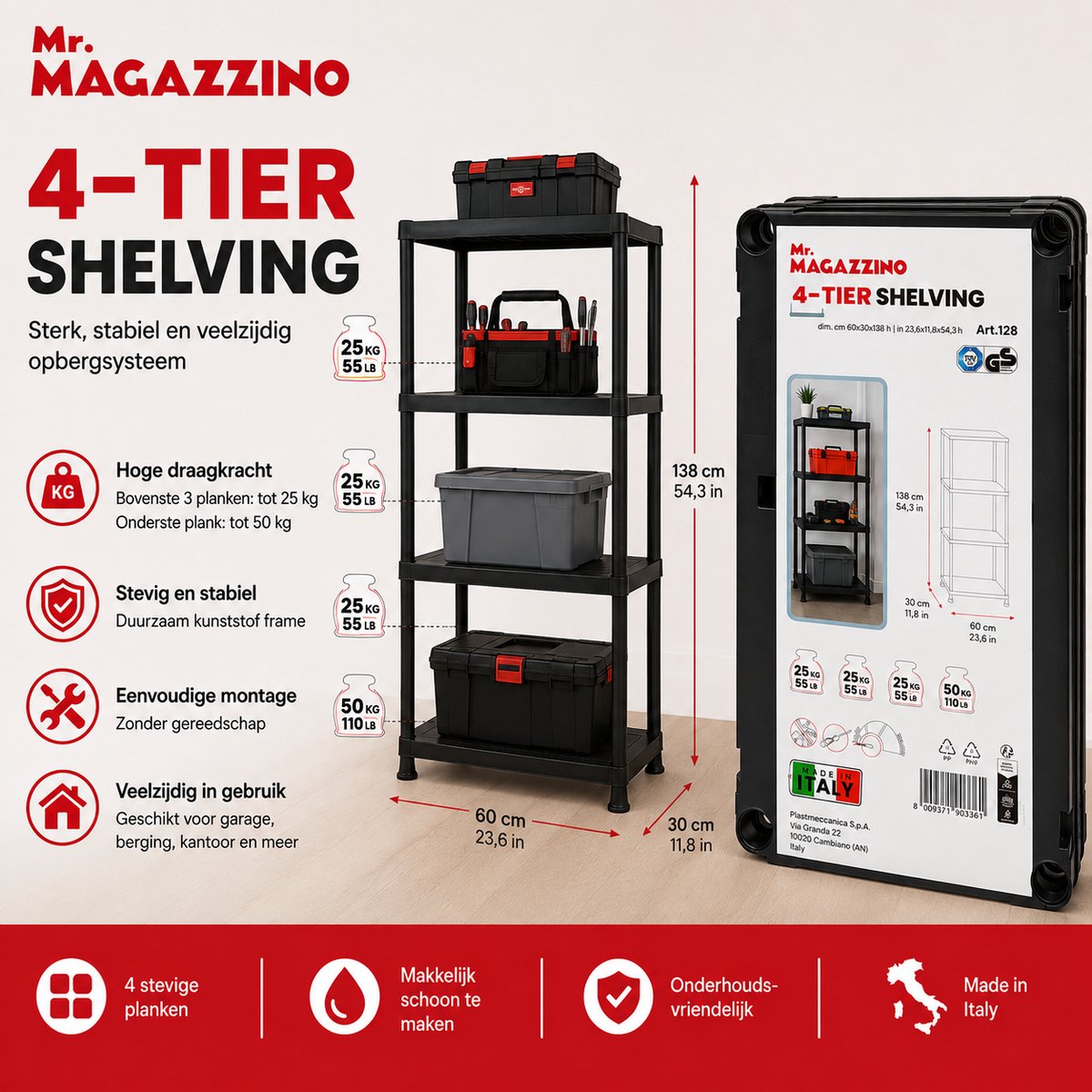Mr. Magazzino Opbergrek – 4 Planken – 60 x 30 x 138 cm – Kunststof – Zwart – Stellingkast voor Garage, Berging & Voorraadkast