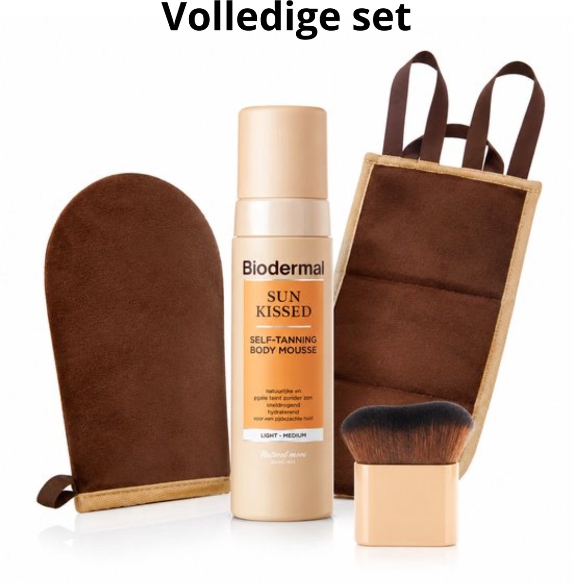 Biodermal Self Tan Set | Zelfbruiner - Zelfbruinende Mousse 150 ml + Applicatiehandschoen + Rugapplicator + Kabuki Brush | Streeploos Bruinen