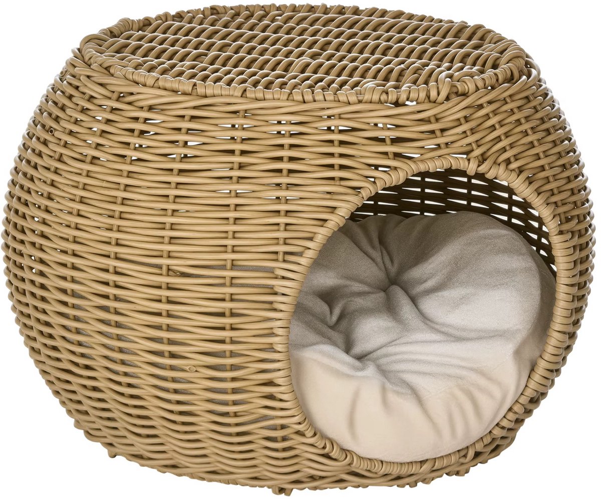 JOYNEXTBUY - Kattenmand – Kattenbed met Zacht Kussen – Met Plateau - Rotan Look – Kunsthars – Kattenhuis – Ø40 x 30cm – Lichtbruin