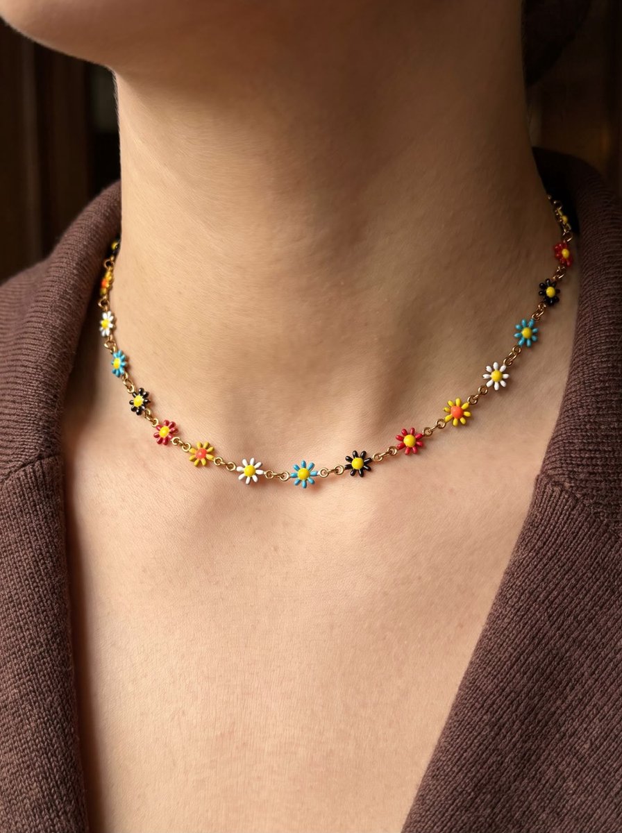 Anelplus Bloemen Choker Ketting voor Vrouwen – Kleurrijke Daisy Halsketting – Trendy Zomers Sieraad – Goudkleurige Ketting