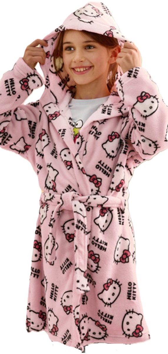 Hello Kitty badjas - duster - kamerjas - fleece - capuchon - maat 122-128 - 6-8 jaar
