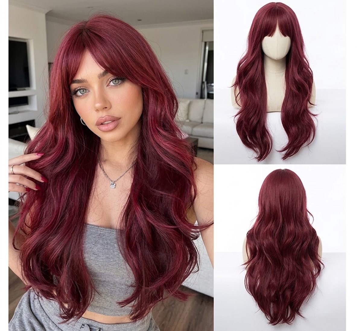 Luxe Bordeauxrode Pruik met Curtain Bangs – Burgundy / Wijnrood – Extra Lang Golvend Haar (ca. 60–65 cm) – Zachte Slag & Volume – Ademend & Verstelbaar