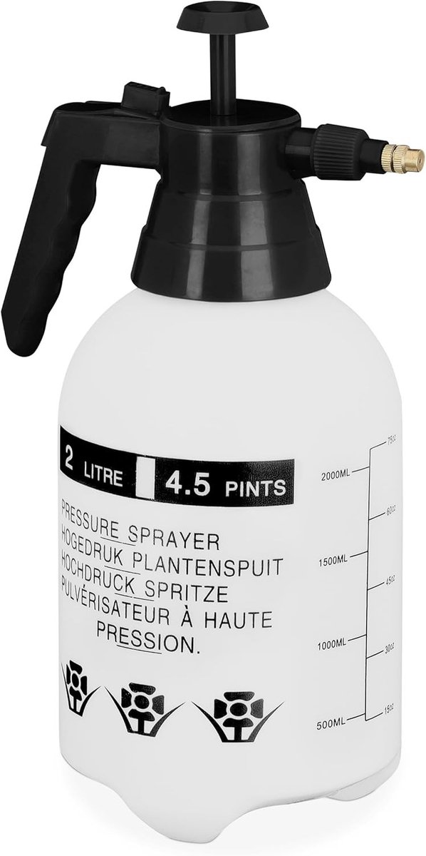 Relaxdays drukspuit 2 liter, verstelbare sproeikop, voor water en onkruidbestrijdingsmiddelen, plantenspuit, wit/zwart