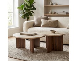 Ronde Salontafel Set van 2 – Salontafel travertin – Travertin Look – MDF – Ø70 & Ø50 cm