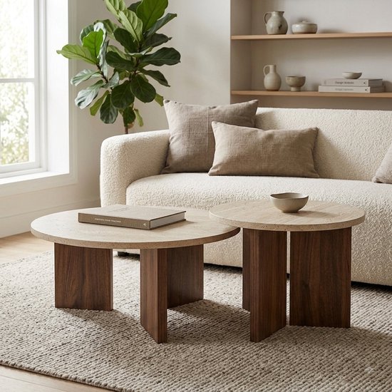 Ronde salontafel set van 2 — travertin look — salontafel van Huismerk