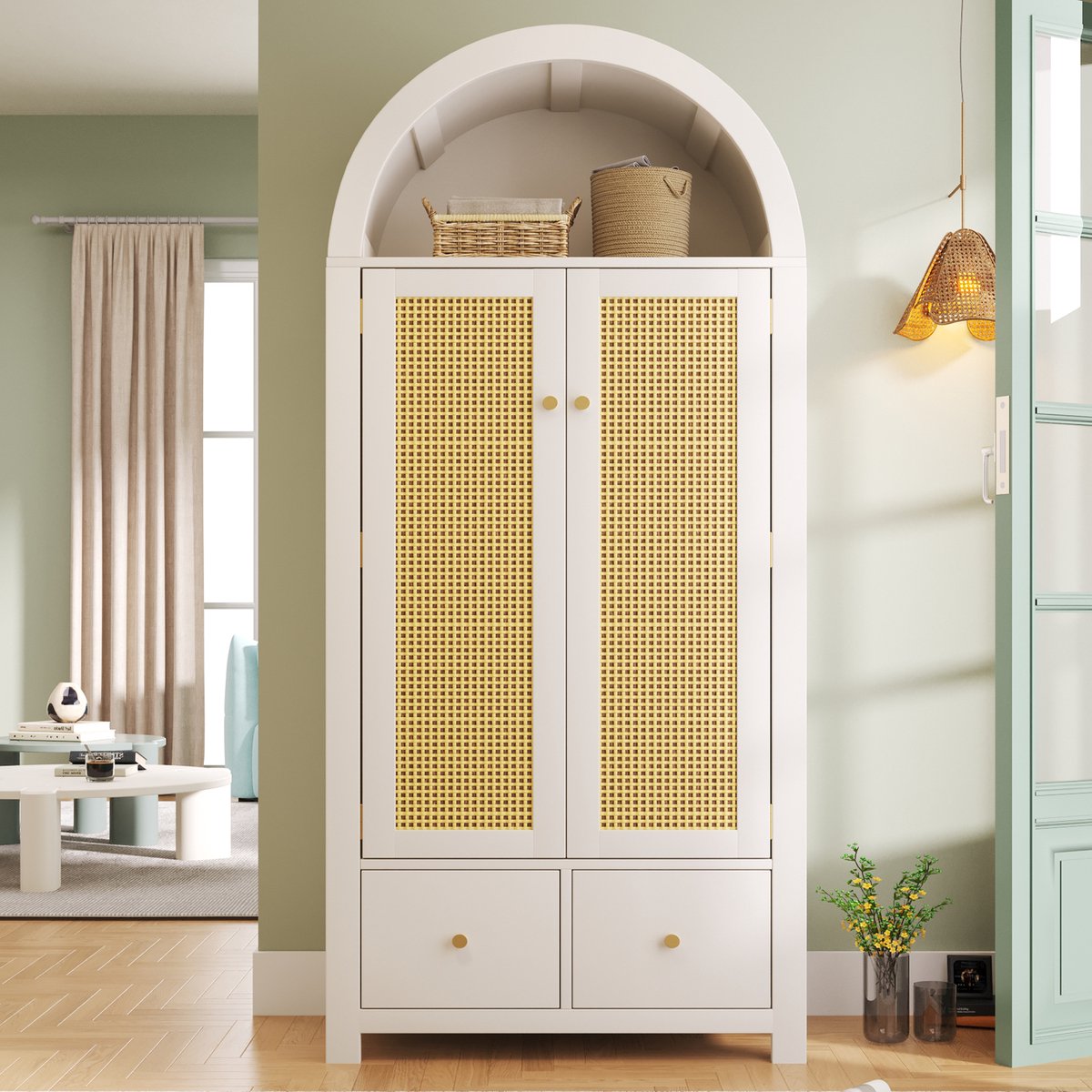 COVREO Kledingkast 181x78x45 cm wit MDF, 2 deuren 2 lades met kledingstang