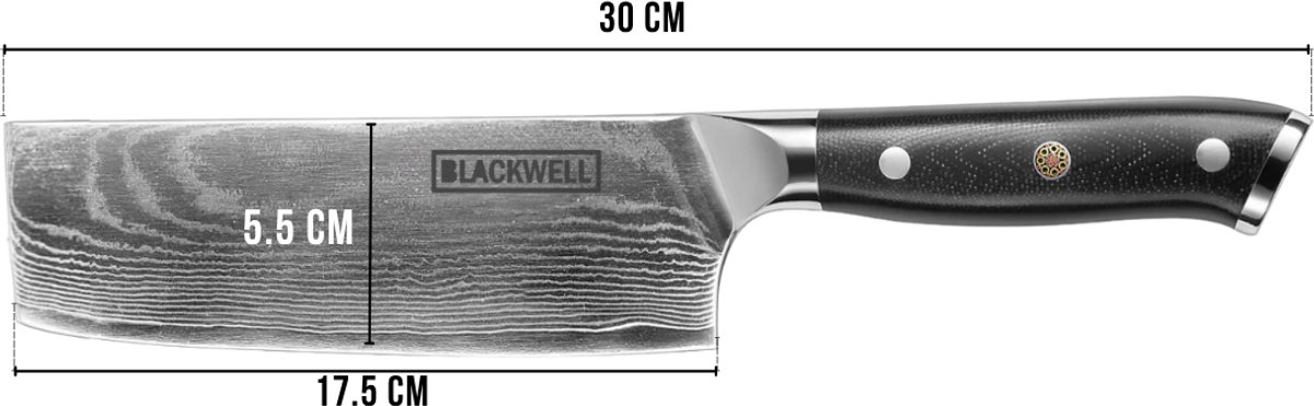 Blackwell Nakirimes Groentemes Damascus Zwart - 17,5 cm - 67 Lagen Damaststaal met VG10 Kern - Ergonomisch Handvat