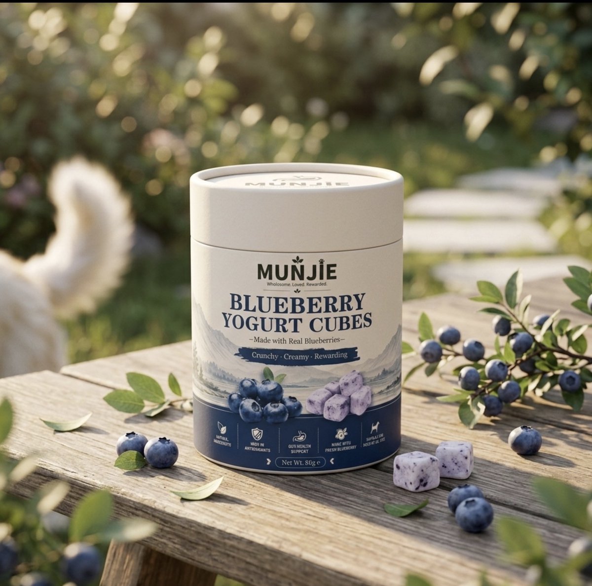 MUNJIE Blueberry Yoghurt Cubes voor Honden – Hondensnacks met Echte Blauwe Bessen – Krokante Yoghurtsnack – 80 g