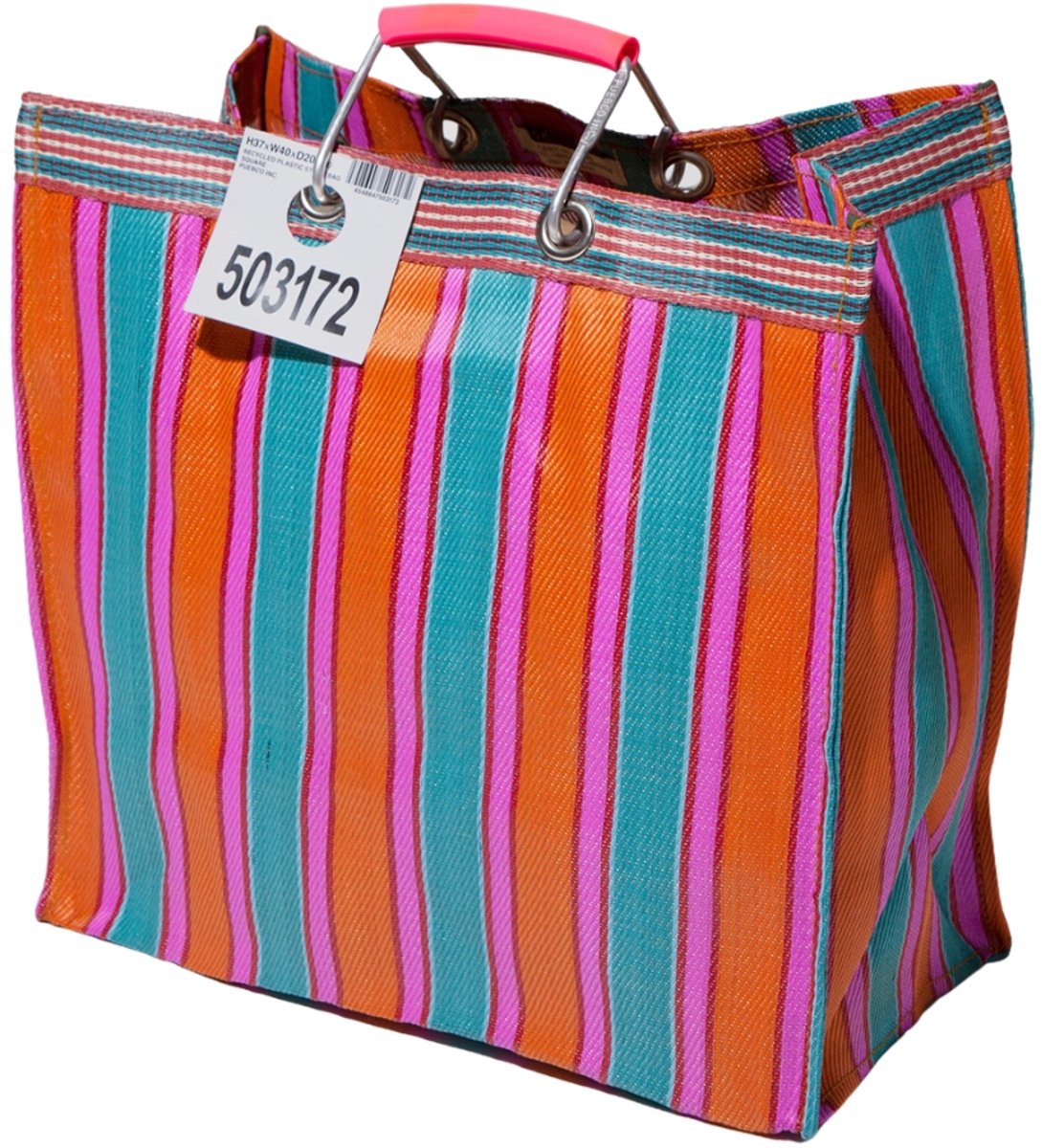 PUEBCO - retro tas - oranje x roze - vierkant - strepen - 100% recycled plastic - boodschappentas - strandtas