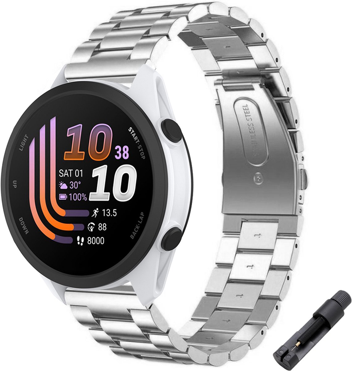 Stravo RVS Schakel bandje – Geschikt voor Garmin Forerunner 70 / 170 / 55 / 165 / 245, Vivoactive 6 / 5 / 3, Venu SQ 2 – Metalen Horlogebandje – Zilver