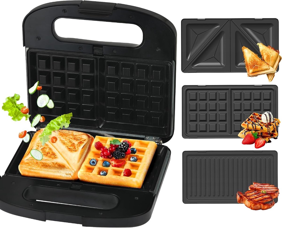 Sandwichmaker - Zwart - 1000 W - 3-in-1 Broodrooster, Grill en Wafelijzer - Voor Thuisgebruik