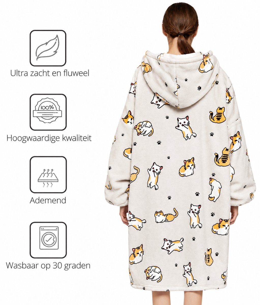 Q-Living Hoodie Deken - Oversized Hoodie - Plaid Met Mouwen - Snuggle Hoodie - Fleece Deken Met Mouwen - 1450 gram - Kat — cadeau in Wonen & Interieur - foto 6