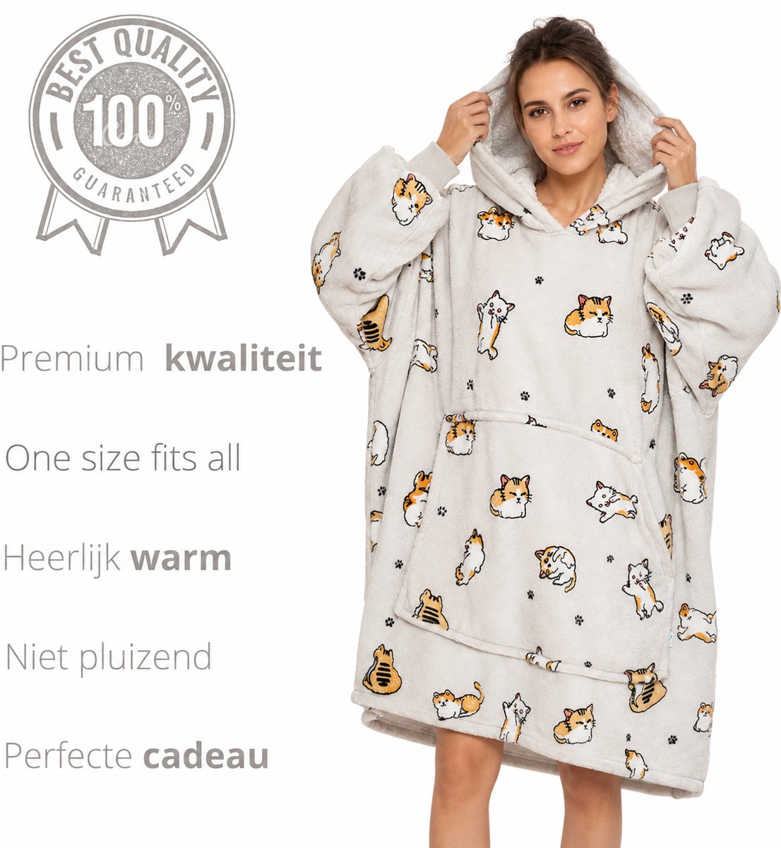 Q-Living Hoodie Deken - Oversized Hoodie - Plaid Met Mouwen - Snuggle Hoodie - Fleece Deken Met Mouwen - 1450 gram - Kat — cadeau in Wonen & Interieur - foto 2