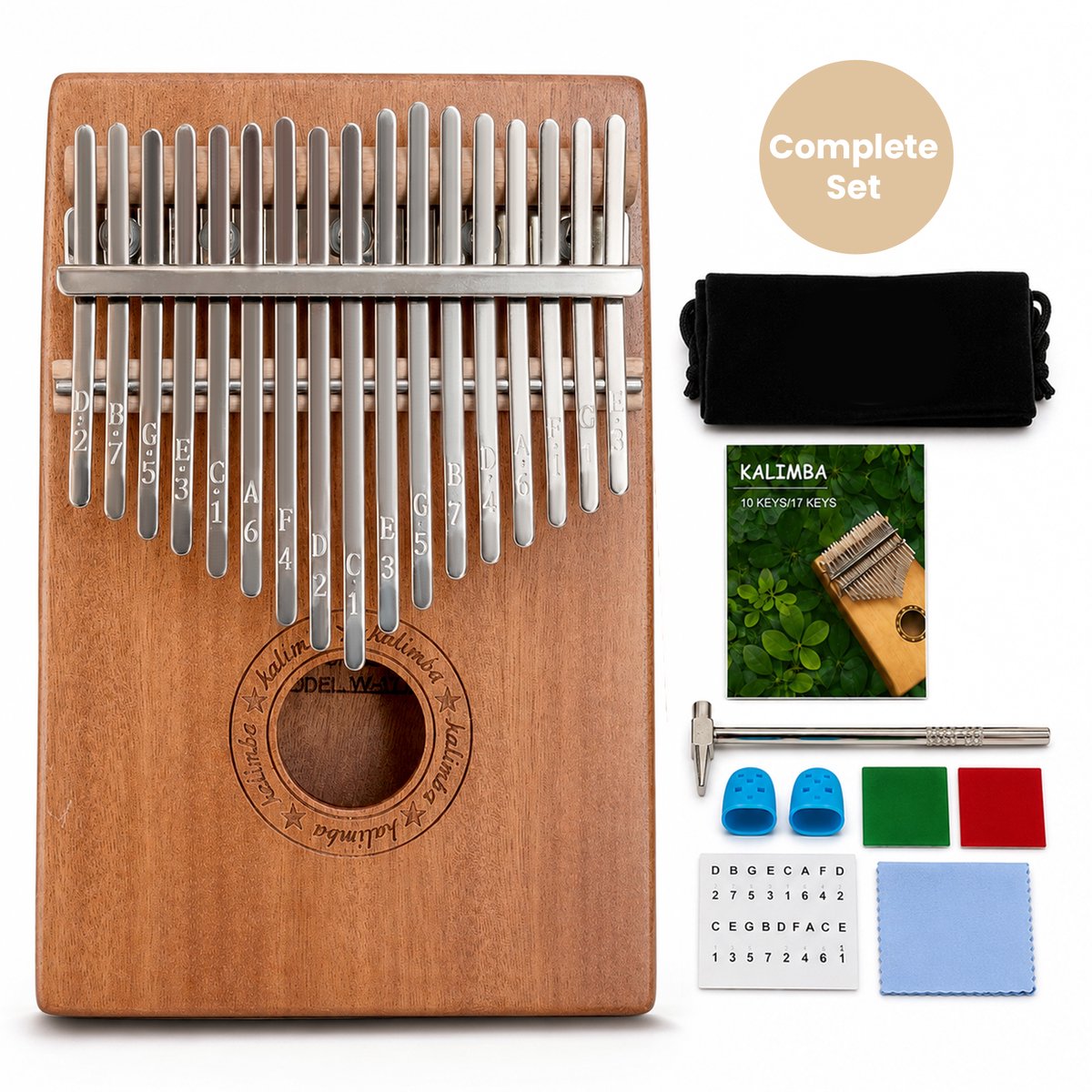 VITAMO Kalimba Duimpiano 17 Toetsen – Complete Set met Stemhamer & Beschermers – Gemaakt van Hoogwaardig Hout – Voor Beginners & Ontspanning