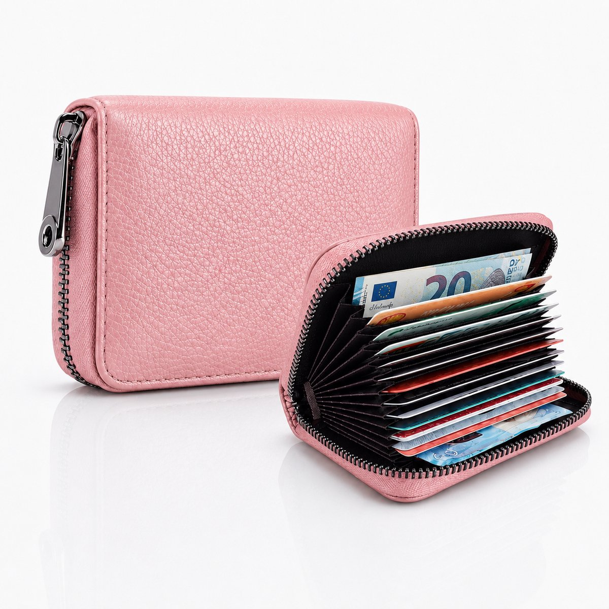 Luxamore® Pasjeshouder Dames en Heren Roze - Leer - RFID Anti Skim Bescherming - Creditcardhouder met Rits - 14 Pasjes - Compacte Portemonnee