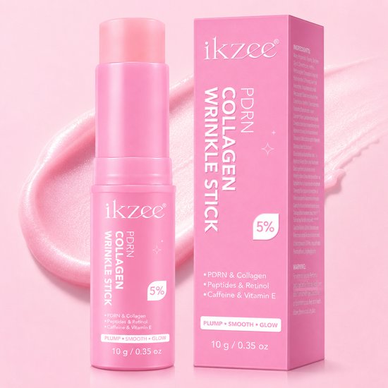 Roze Ikzee PDRN Collageen Rimpel Stick met '5% PDRN & Collageen', 'Peptides & Retinol', 'Caffeine & Vitamine E' en 'Plump Smooth Glow' tekst.