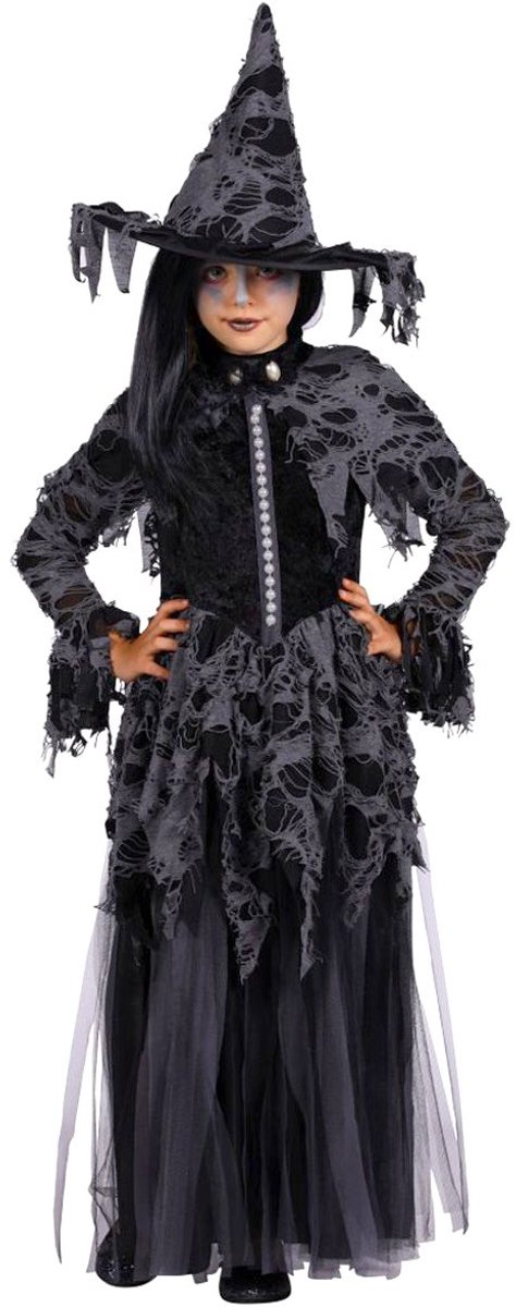 Heksen Jurk De Dood - Halloween Kleding Zwart - Heks - Kind - Zwart - Met Hoed - Maat 140/152